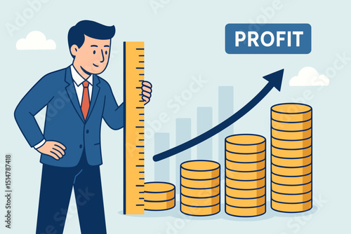 Businessman measuring profit growth with ruler. Financial success concept with rising coin stacks, upward arrow graph. Investment revenue increase, business analysis, financial chart.