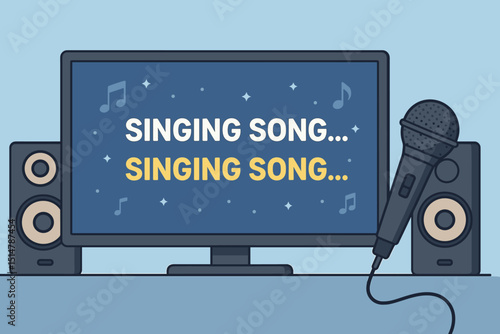 Vector illustration of karaoke equipment. Singing song lyrics on screen, microphone, and audio speakers. Party entertainment, music fun, vocal hobby, leisure night celebration concept.