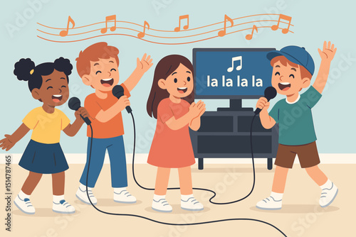 Multicultural children enjoying karaoke sing-along. Happy kids group performing with microphones, music on screen. Childhood entertainment, fun party, talent show. Vector illustration.