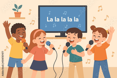 Karaoke kids sing-along. Diverse children singing with microphones. Happy multicultural group friends music party. Screen lyrics performance. Fun childhood entertainment vector illustration.