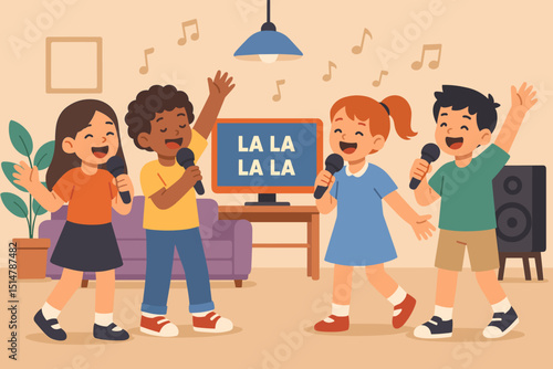 Diverse group of joyful kids singing karaoke at a home party. Happy multicultural children with microphones performing. Fun sing-along, music entertainment, childhood friendship vector.
