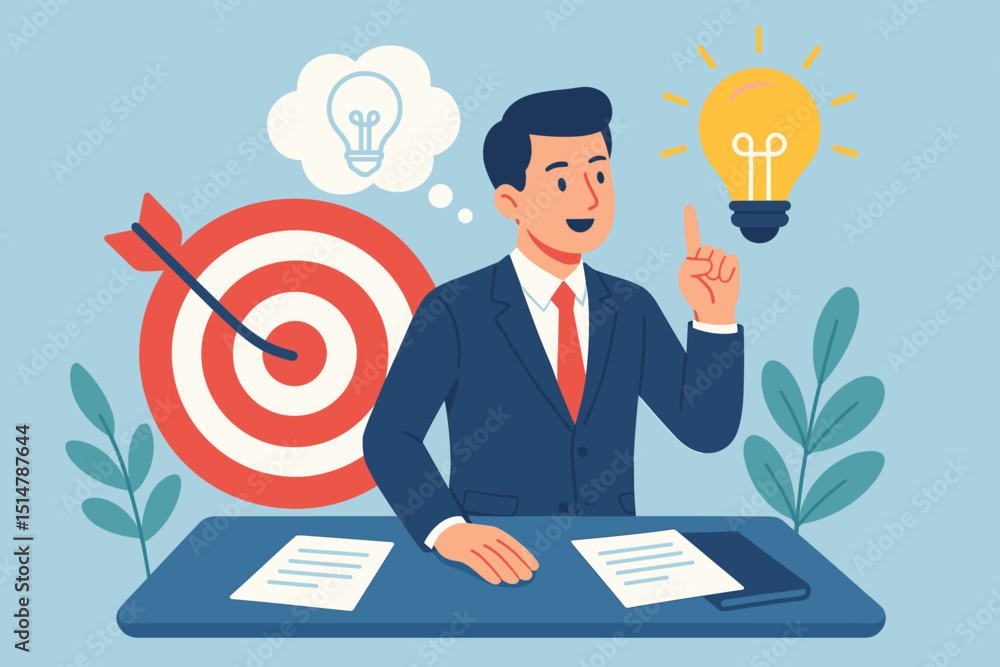 Innovative Business Leadership Concept with Target Achievement, Creative Idea Generation, Success Strategy, Goal Setting, Bright Lightbulb Inspiration, Office Desk Illustration Innovative Business Leadership Concept with Target Achievement, Creative Idea Generation, Success Strategy, Goal Setting, Bright Lightbulb Inspiration, Office Desk Illustration