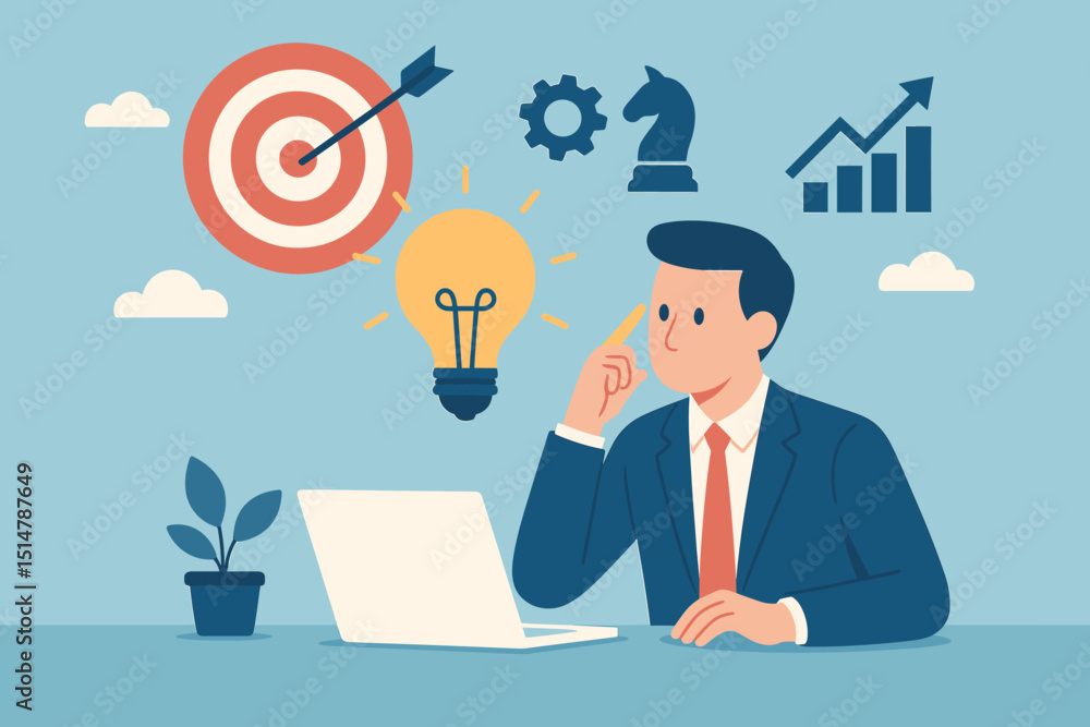 Innovative business solutions. Businessman thinking. Strategic planning, idea. Laptop office. Lightbulb creativity. Target goal. Chess strategy. Gear. Growth chart progress. Success. Vector. Innovative business solutions. Businessman thinking. Strategic planning, idea. Laptop office. Lightbulb creativity. Target goal. Chess strategy. Gear. Growth chart progress. Success. Vector.