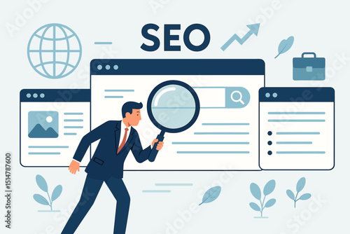 SEO concept. Businessman with magnifying glass analyzing search engine optimization. Digital marketing strategy, keyword research, web analytics for website traffic growth and ranking.