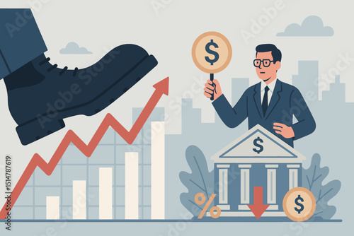 Economic pressure concept. Financial crisis illustration with giant boot crushing growth chart. Metaphor for recession, market downturn, investment risk. Businessman, bank, dollar analysis.