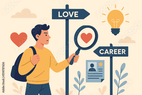 Man at crossroads choosing love vs career. Ambition, passion, life decision, work-life balance. Young person, magnifying glass, resume, heart, lightbulb. Future path dilemma vector.