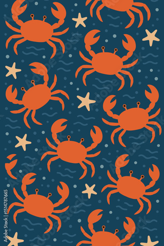 Retro textured orange crabs and starfish seamless pattern. Cute cartoon marine animals, ocean underwater wildlife vector background. Nautical summer beach theme for textile, kids fabric print.