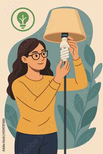 Woman with glasses installs energy-saving CFL lightbulb in floor lamp. Sustainability concept, power saving, eco lifestyle, green energy idea, home improvement for greener living. Vector illustration.