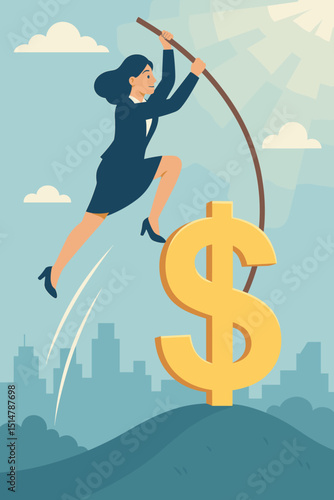 Businesswoman pole vaulting to financial success over dollar sign. Career growth, ambition, achieving goals. Investment strategy, profit, wealth, market gain concept. Vector illustration.