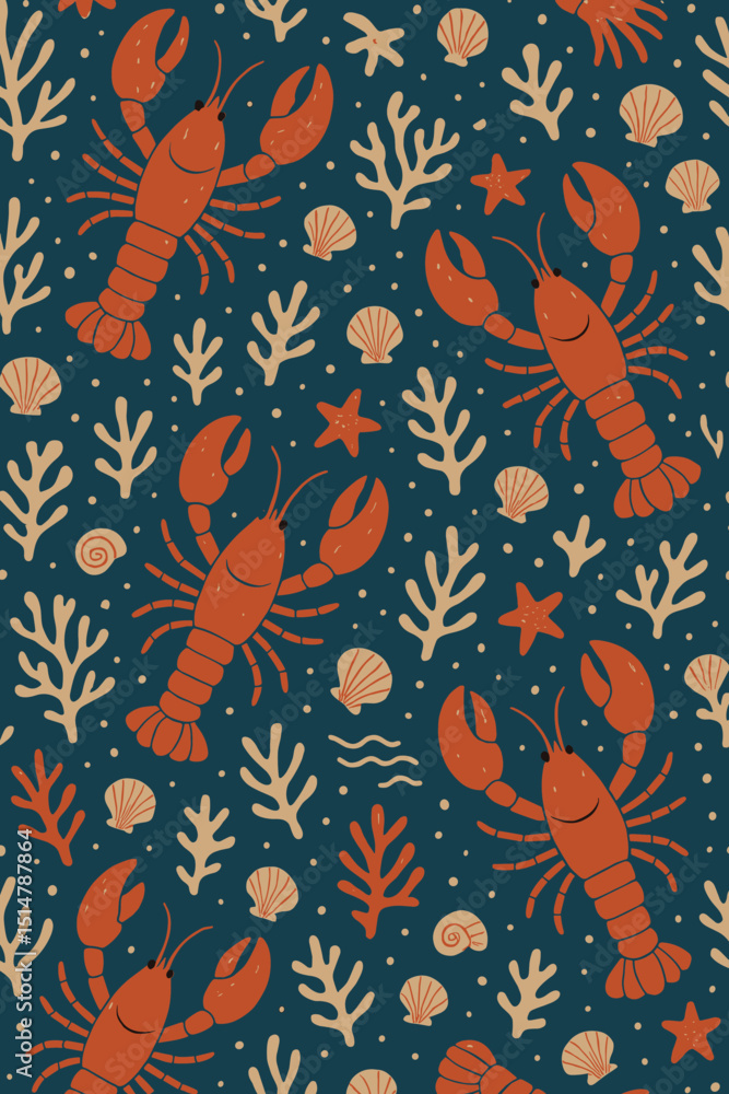 Red lobster seamless pattern, hand-drawn ocean life. Marine crustaceans, shells, starfish, coral on dark blue. Nautical seafood wallpaper vector background. Textile print for fabric, coastal decor. Red lobster seamless pattern, hand-drawn ocean life. Marine crustaceans, shells, starfish, coral on dark blue. Nautical seafood wallpaper vector background. Textile print for fabric, coastal decor.