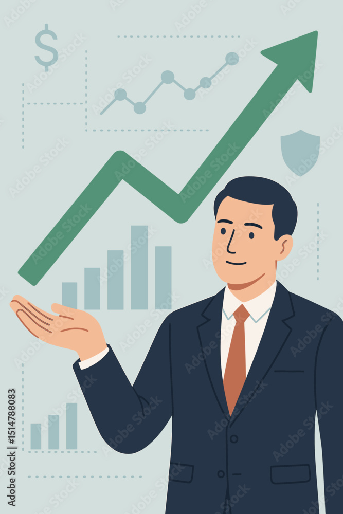 Investor presenting financial growth. Businessman with upward arrow graph showing profit and success. Stock market investment strategy, economic recovery, business analytics concept. Investor presenting financial growth. Businessman with upward arrow graph showing profit and success. Stock market investment strategy, economic recovery, business analytics concept.