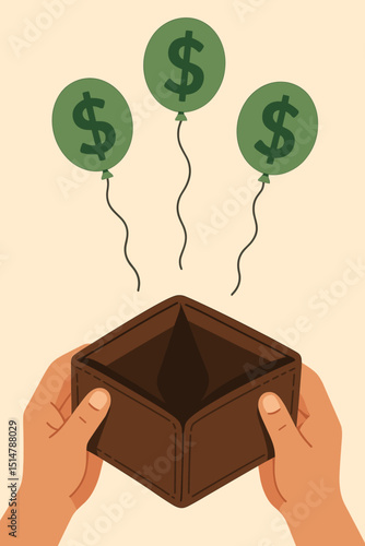 Financial struggles conceptual art: Empty wallet held by hands as dollar sign balloons float away, symbolizing money loss, inflation, debt, poverty, economic crisis, recession. Vector.
