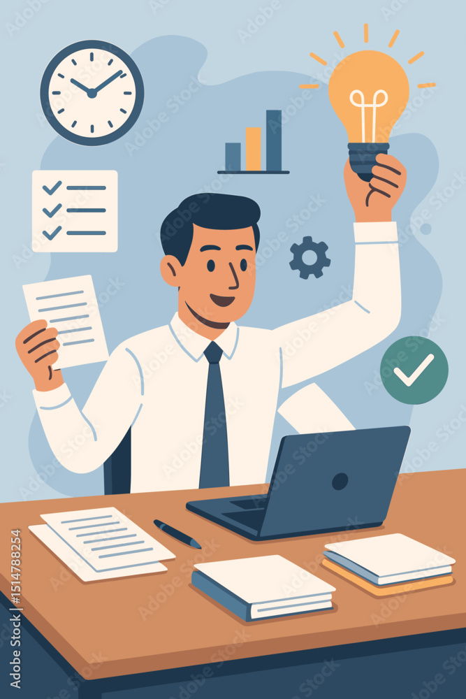 Businessman at desk, multitasking for office productivity. Time management, task completion, innovative ideas. Employee with laptop, documents, lightbulb. Workflow efficiency, project success. Businessman at desk, multitasking for office productivity. Time management, task completion, innovative ideas. Employee with laptop, documents, lightbulb. Workflow efficiency, project success.