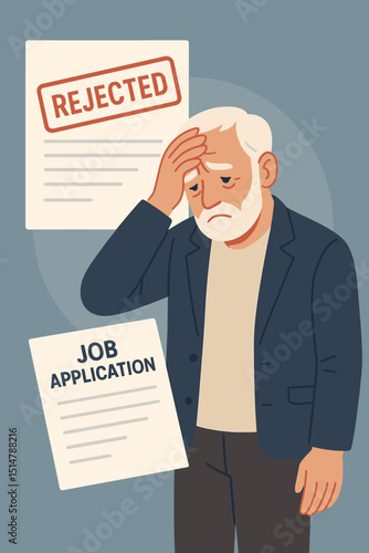 Job rejection letter. Disappointed elderly man. Failed job application. Senior experiencing stress, unemployment. Bad news. Career setback. Hiring process failure. Age discrimination concept. HR.