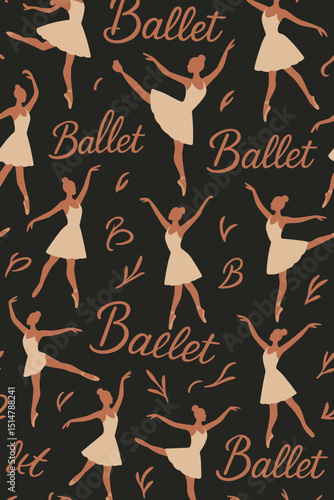 Elegant ballet dancer seamless pattern. Graceful ballerinas in classic tutus performing dance poses. Vintage inspired repetitive art design for wallpaper, fabric. Choreography, theatre, vector.
