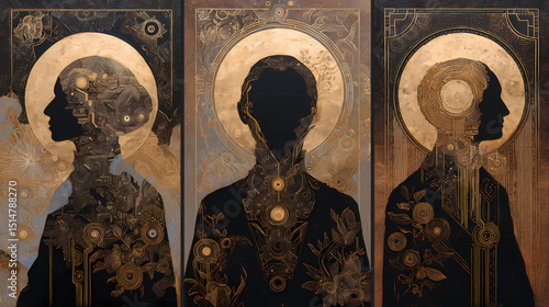 educational poster on sacred archetypes | ancestral memory | narrative mystery | earth tones with metallic accents | spiritual centrality | hidden glyphs | narrative silhouette mapping | figurative