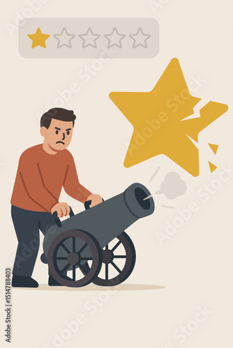 Negative feedback concept, dissatisfied customer review, consumer destroying star rating with cannon, low star score, customer dissatisfaction, complaint, poor service evaluation metaphor
