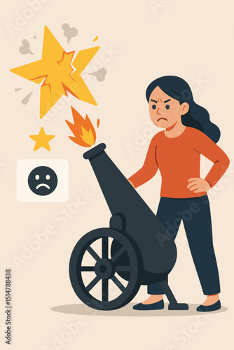 Woman firing cannon with explosive star symbol, concept negative feedback, criticism response, emotional reaction, sad face icon, evaluation metaphor, destructive communication, cartoon vector