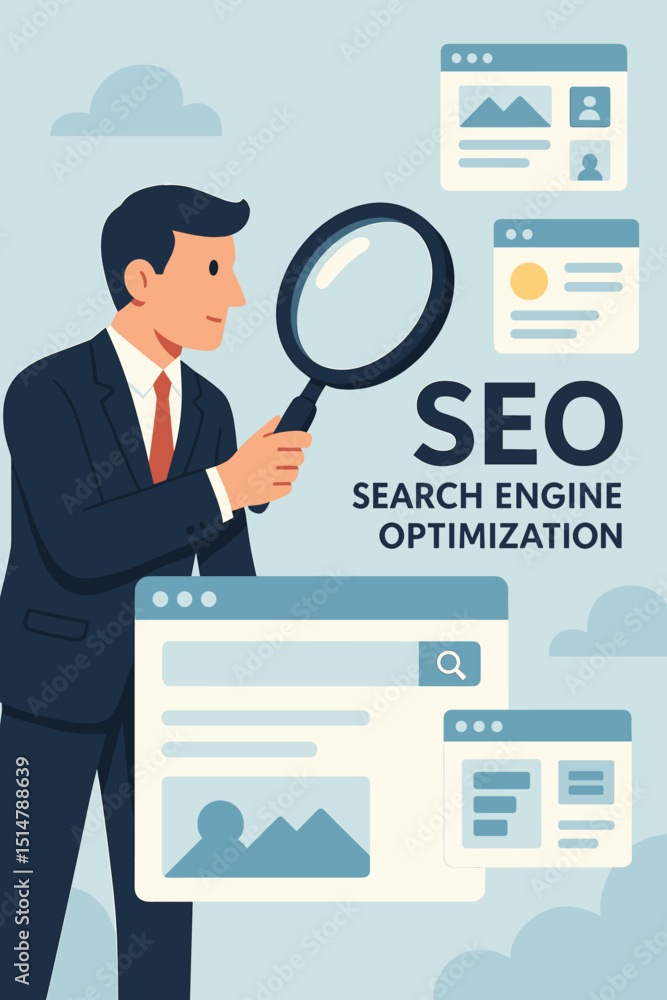 SEO search engine optimization concept. Businessman with magnifying glass analyzing website, web pages, results and data. Digital marketing strategy, online visibility, analytics vector illustration SEO search engine optimization concept. Businessman with magnifying glass analyzing website, web pages, results and data. Digital marketing strategy, online visibility, analytics vector illustration