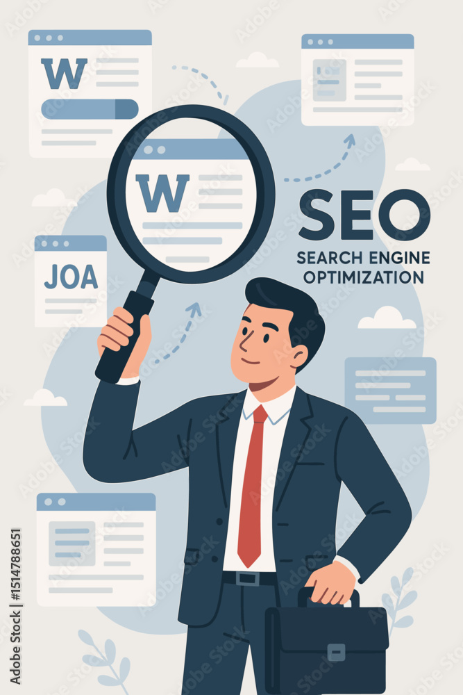 Search Engine Optimization SEO Concept. Businessman Holding Magnifying Glass Analyzing Data. Digital Marketing Strategy. Website Ranking. Online Visibility. Web Analytics. Vector Illustration Search Engine Optimization SEO Concept. Businessman Holding Magnifying Glass Analyzing Data. Digital Marketing Strategy. Website Ranking. Online Visibility. Web Analytics. Vector Illustration