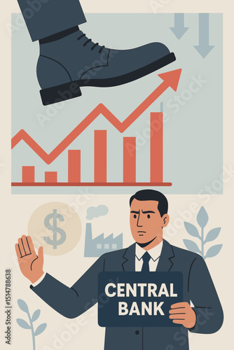 Central Bank Financial Control Concept. Economic Pressure on Growth. Interest Rate Policy, Government Regulation, Economy Trends, Market Intervention. Monetary Policy, Industry, Financial Crisis