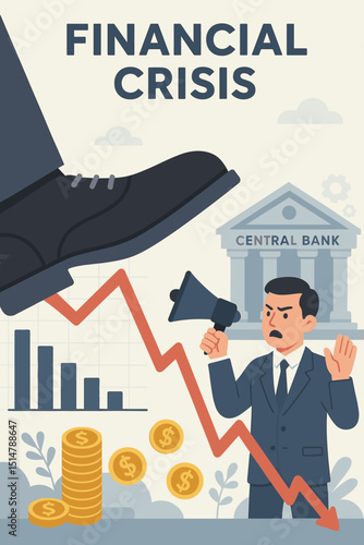 Economic Recession Crisis Concept. Large Foot Crushing Market Graph. Falling Stock Chart, Panic, Central Bank, Businessman with Megaphone, Coins, Financial Pressure, Inflation, Bankruptcy Symbol