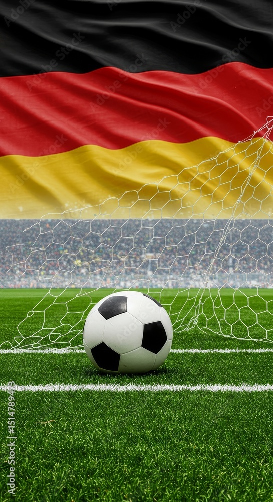 Naklejka premium Illustration Of German Flag Over Soccer Ball On Green Field