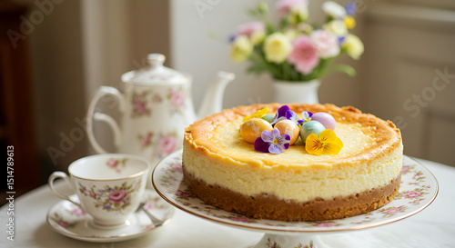 British Easter Raw Cheesecake almond-crust cheesecake - decorated with edible flower eggs