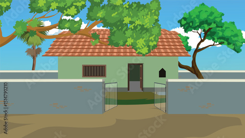 Indian Village House Cartoon Vector with Compound Wall, Clay Roof, Trees, and Blue Sky – Traditional Rural Background Perfect for Animation, Storytelling, and Educational Videos

