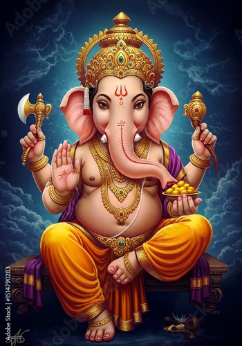 Illustration of Ganesha Hindu Deity Elephant God with Ornate Crown
