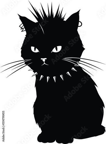 Silhouette of a black cat with a mohawk and spiked collar on a white isolated background