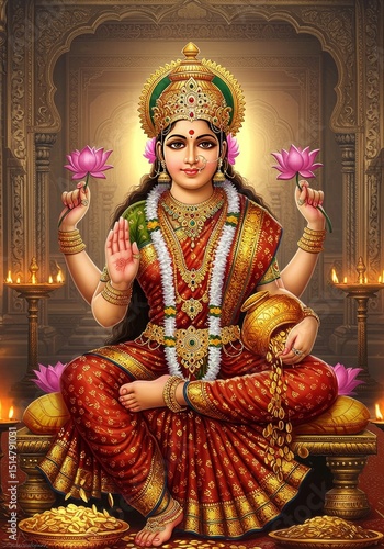 Illustration of Lakshmi Hindu Goddess Divine Spiritual Prosperity Wealth