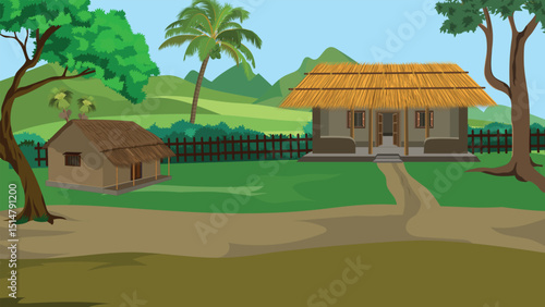 Indian Village Background Vector with Thatched Roof Huts, Palm Trees, and Mud Path – Cartoon Style Rural Scene for Animation, Storytelling, eLearning, and Indian Cultural Projects

