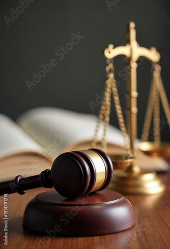 judge gavel, law books and scales of justice on desk in lawyer office. legal justice concept.