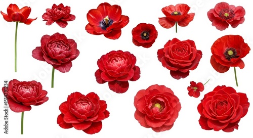 Illustration of Red Floral Blossoms with Vibrant Petals on White