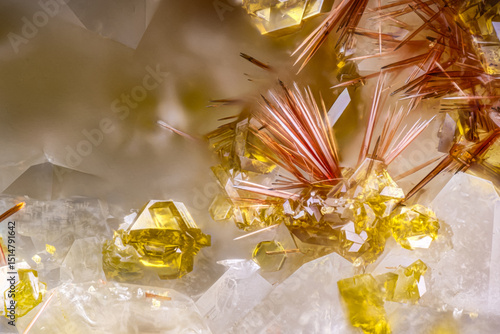 red Carminite with yellow Segnitite on Quartz. Specimen from Clara mine, Oberwolfach, Germany. Micro photography extreme close-up. microscope mineral crystal photography for Scientific use. 