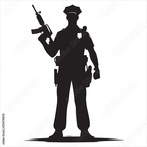 Police Officer in Action Silhouette - Defending Law and Order, black colour vactor 