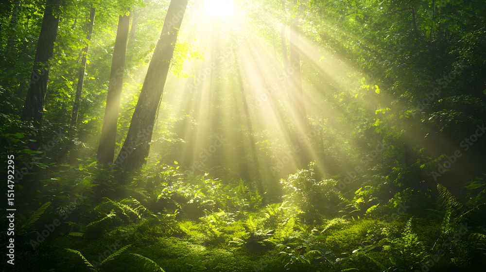 Obraz premium Dark rainforest, sun rays through the trees, rich jungle greenery. Atmospheric fantasy forest. 3D illustration.