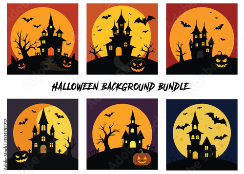 Fright Night Graphics: A Spooky Halloween Background Bundle Featuring Vector Illustrations of Halloween Haunted Castles Eerie Full Moons and Creepy Jack Lanterns