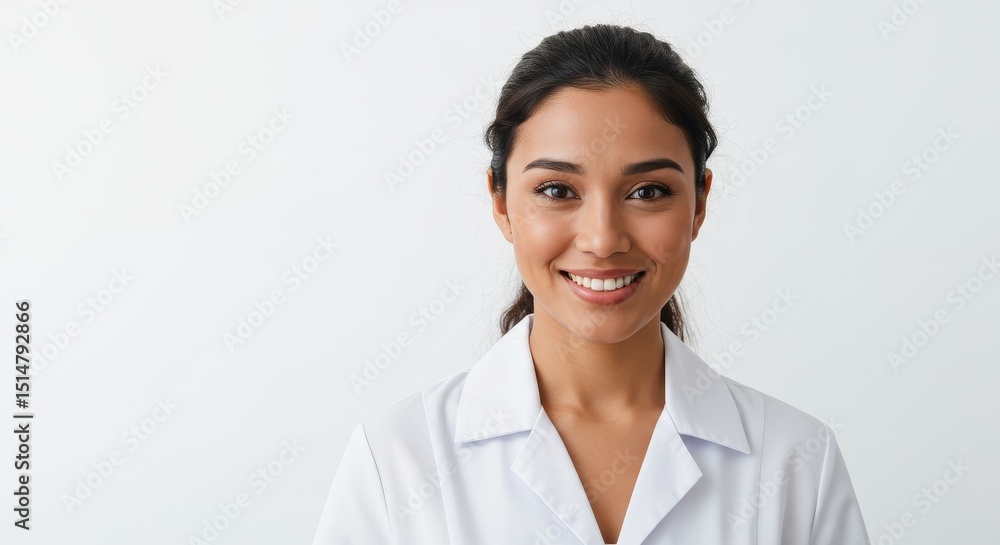 Portrait of Smiling Doctor Woman in White Lab Coat Against White Backdrop