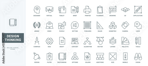 Tablet, laptop, and printer for artwork development, mobile apps for design thin black outline symbols vector illustration. Art content planning, graphic designer tools, and idea line icons set.