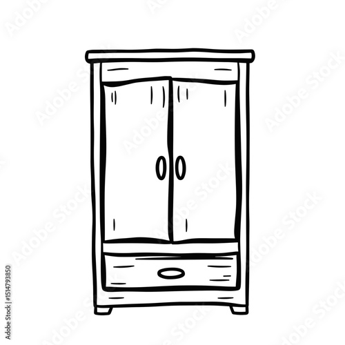 Hand-drawn illustration of a classic wardrobe with two doors and a drawer