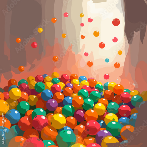 Colorful balls scattered in a vibrant play area with a playful atmosphere