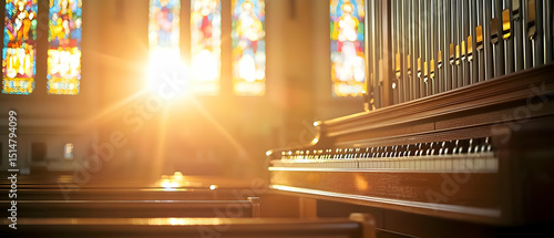Sunlit Church Interior With Grand Organ