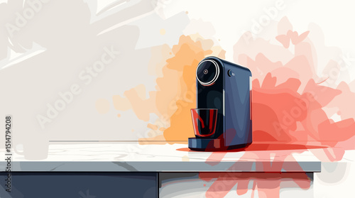Modern coffee machine on kitchen countertop with colorful splash background