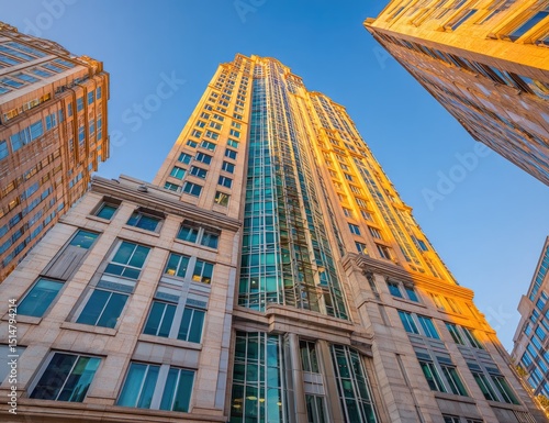 Urban skyscraper rises above city buildings.  Golden light bathes the tall structure.  Modern architecture.  Low angle view