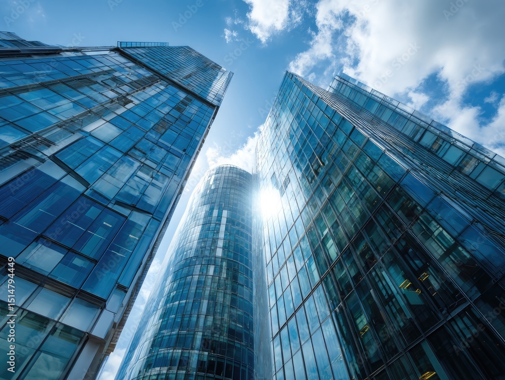 Fototapeta premium Low-angle view of modern skyscrapers. Glass facades reflect a bright sky with puffy clouds. Sunlight shines through the gaps