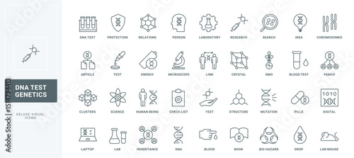 Genetic analysis, chemistry and biotechnology, pharmaceutical research line icons set. DNA structure and chromosome test, animal experiment, GMO thin black outline symbols vector illustration.