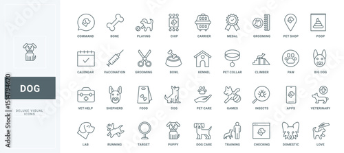 Outline symbols of veterinarian help and training, vaccination calendar and chip of puppy, paw and medal of winner, vet store pictograms. Dog care thin black and red line icons set vector illustration