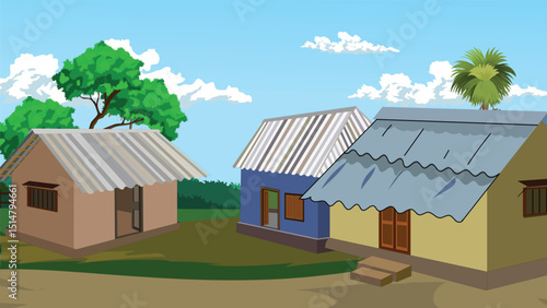 Indian Village Background Vector with Cartoon Style Tin Roof Houses, Trees, and Clear Sky – Rural India Scene for Animation, Explainer Videos, Children Stories, Games, and Educational Projects

